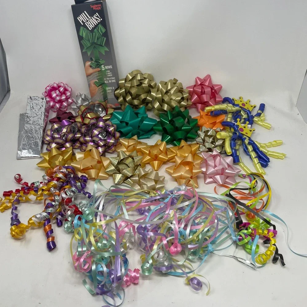 Mixed Gift Bow and Ribbon Lot Vintage 3M Sasheen Magic Pull Bows Curly Ribbon